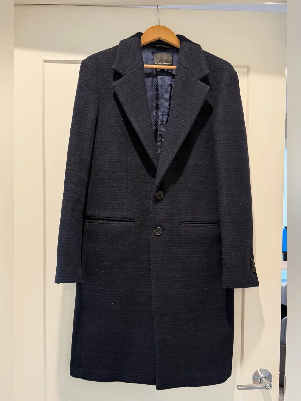 Banana Republic Men's Navy Wool Plaid Topcoat